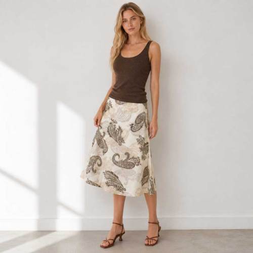 Paisley Print Linen Midi Skirt
