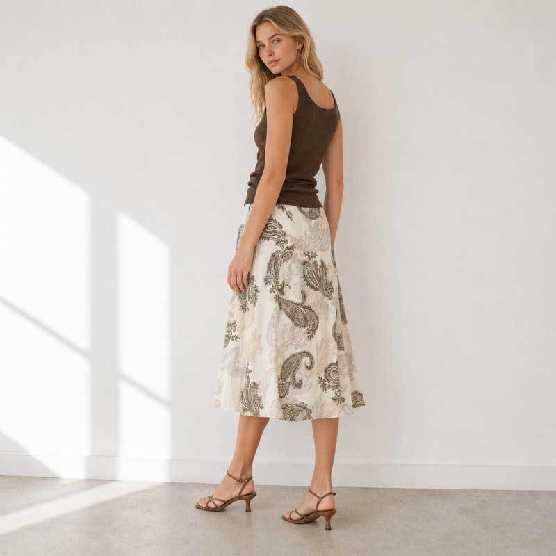Paisley Print Linen Midi Skirt