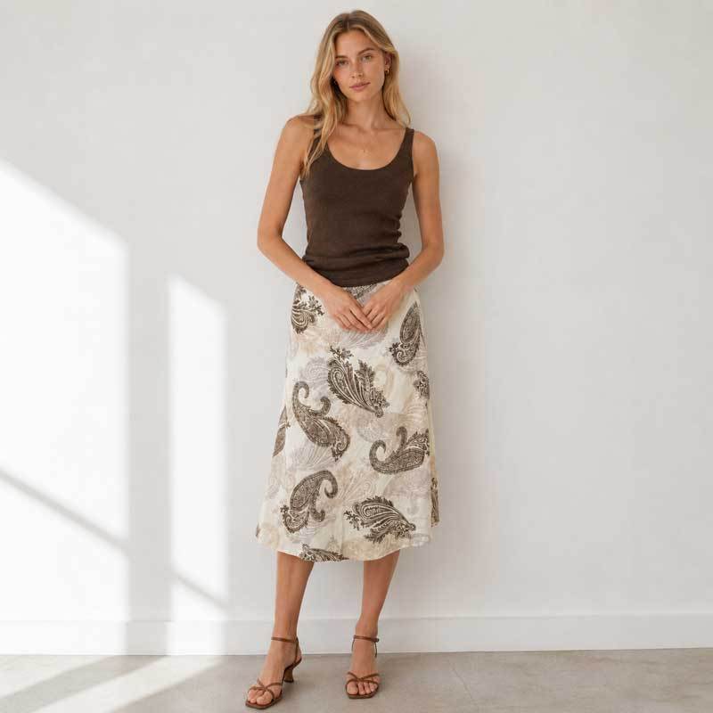Paisley Print Linen Midi Skirt