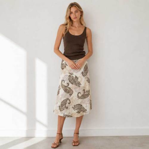 Paisley Print Linen Midi Skirt