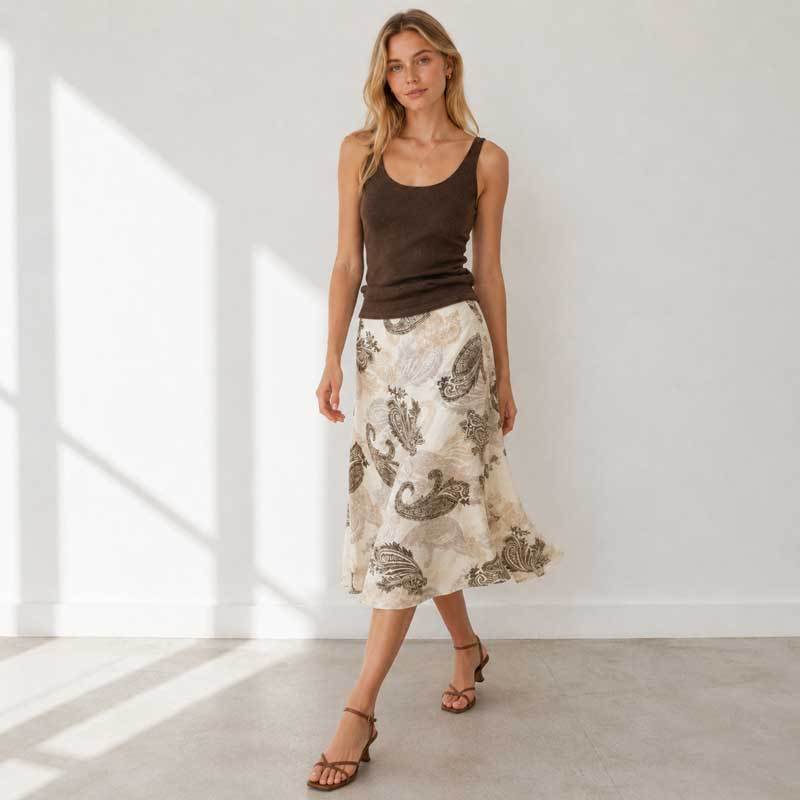 Paisley Print Linen Midi Skirt