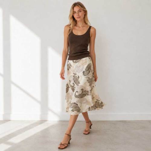 Paisley Print Linen Midi Skirt