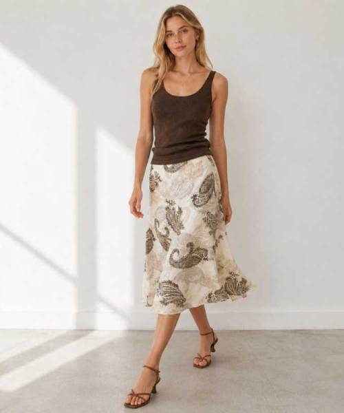 Paisley Print Linen Midi Skirt