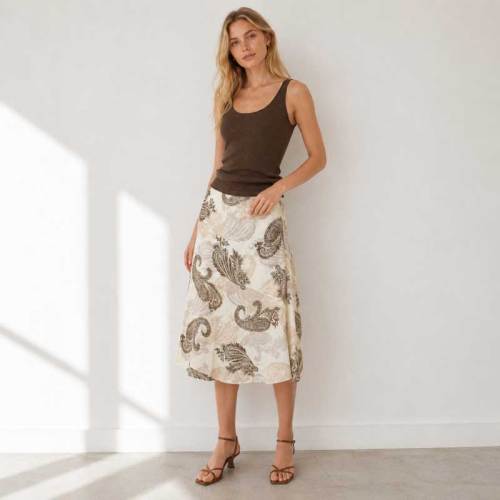 Paisley Print Linen Midi Skirt