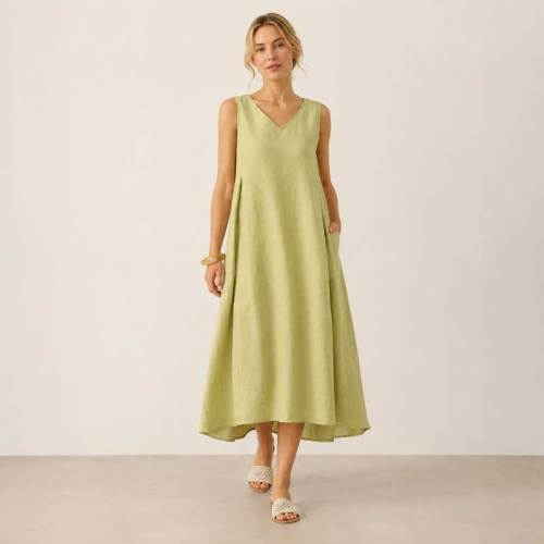 Light Sage Linen Sleeveless V-Neck Midi Dress