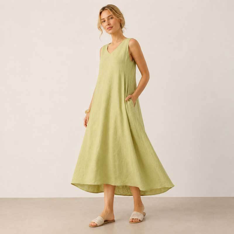 Light Sage Linen Sleeveless V-Neck Midi Dress