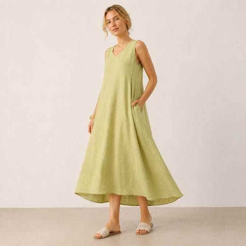 Light Sage Linen Sleeveless V-Neck Midi Dress