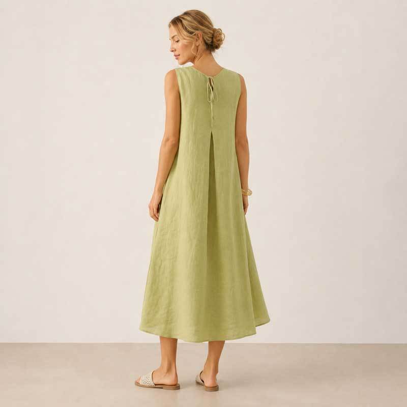 Light Sage Linen Sleeveless V-Neck Midi Dress