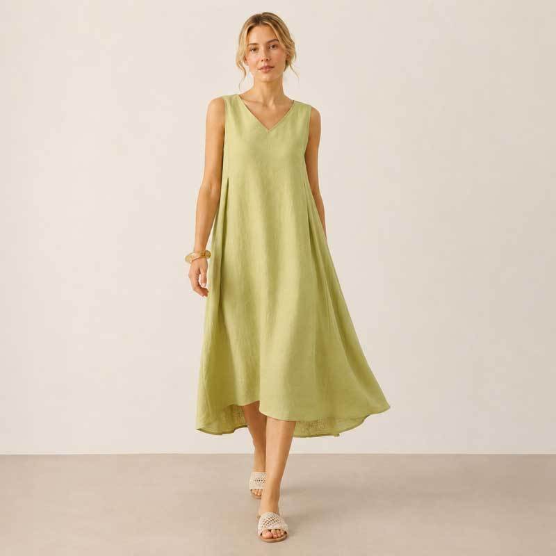 Light Sage Linen Sleeveless V-Neck Midi Dress