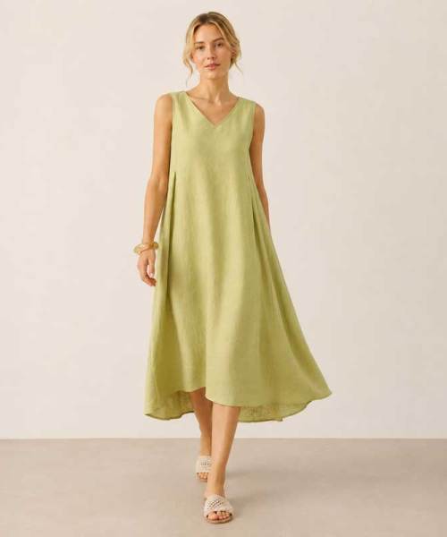 Light Sage Linen Sleeveless V-Neck Midi Dress