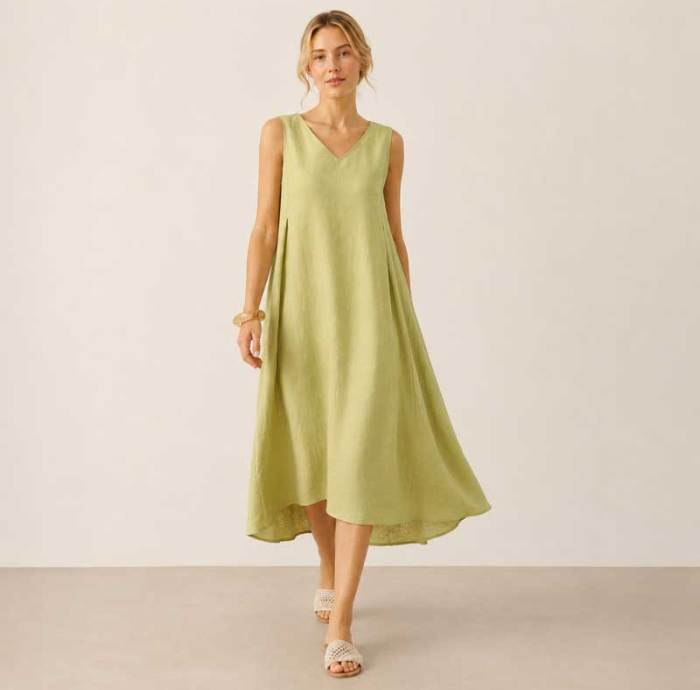 Light Sage Linen Sleeveless V-Neck Midi Dress