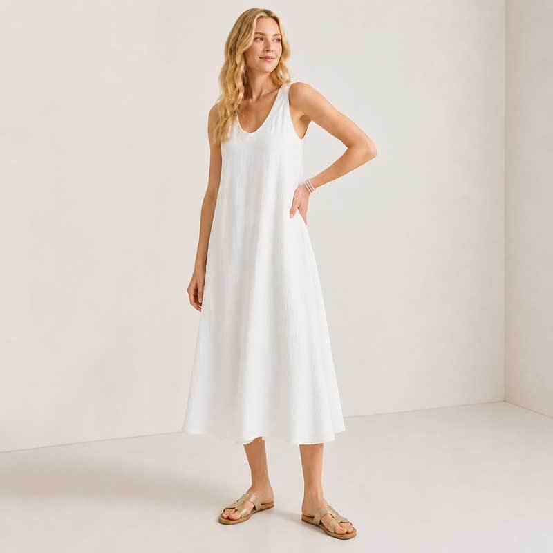 White Linen Sleeveless A-Line Midi Dress
