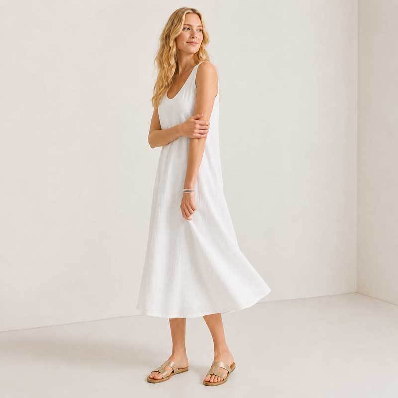 White Linen Sleeveless A-Line Midi Dress