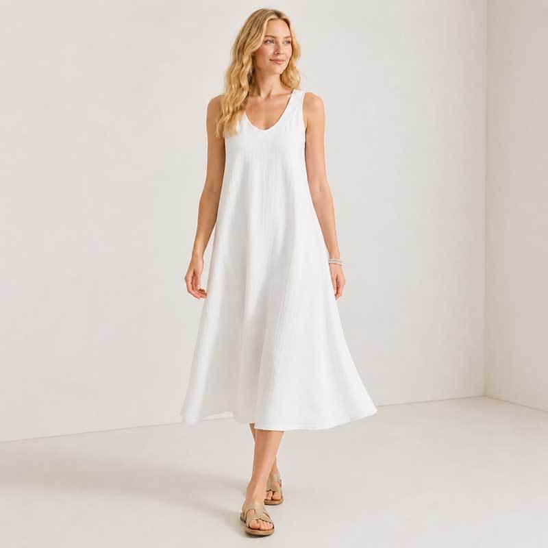 White Linen Sleeveless A-Line Midi Dress