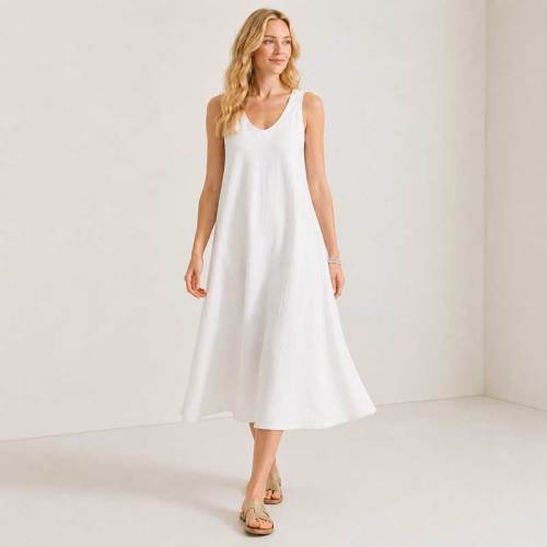 White Linen Sleeveless A-Line Midi Dress