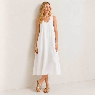 White Linen Sleeveless A-Line Midi Dress