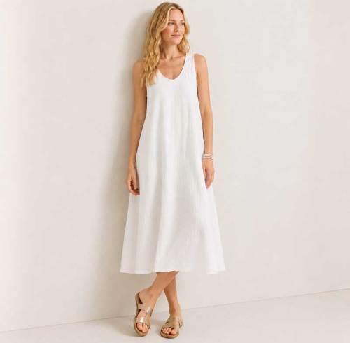 White Linen Sleeveless A-Line Midi Dress