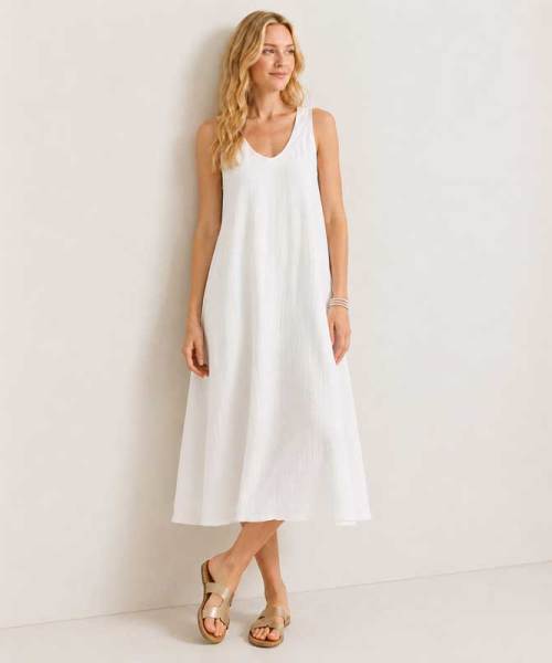 White Linen Sleeveless A-Line Midi Dress