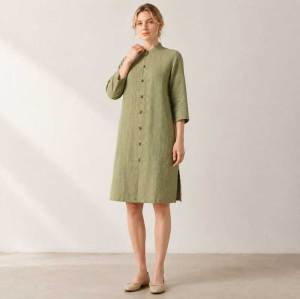 Sage Green Linen Mandarin Collar Long Tunic Top
