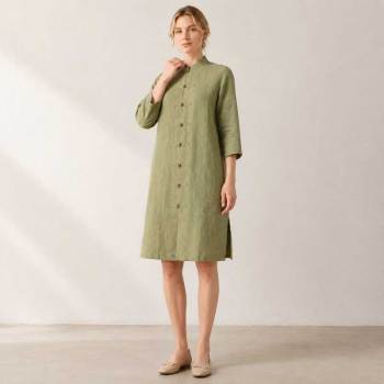 Sage Green Linen Mandarin Collar Long Tunic Top