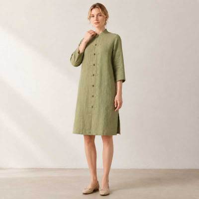 Sage Green Linen Mandarin Collar Long Tunic Top
