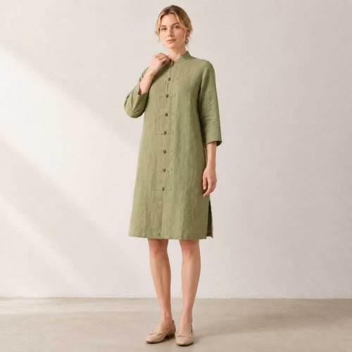 Sage Green Linen Mandarin Collar Long Tunic Top