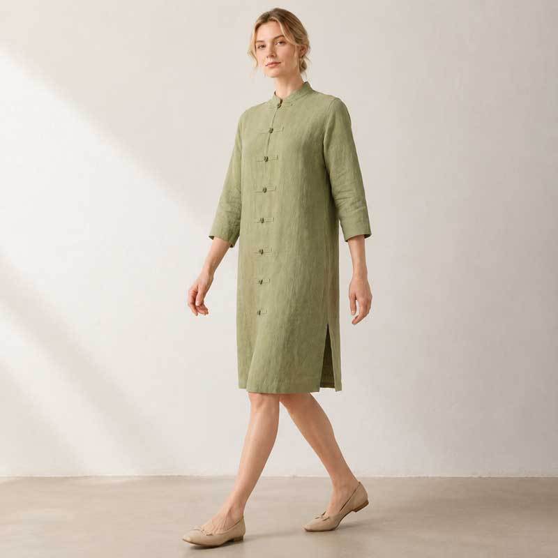Sage Green Linen Mandarin Collar Long Tunic Top