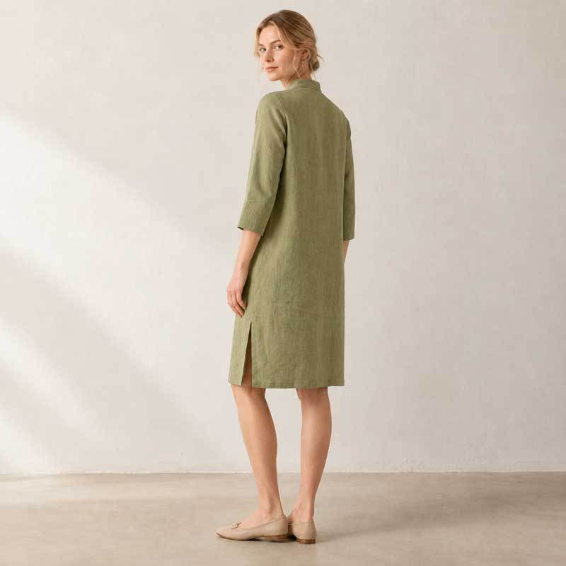 Sage Green Linen Mandarin Collar Long Tunic Top