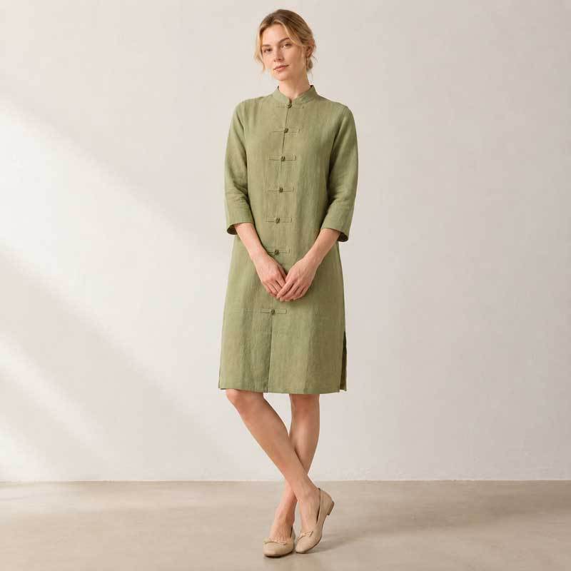 Sage Green Linen Mandarin Collar Long Tunic Top