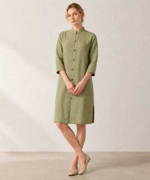 Sage Green Linen Mandarin Collar Long Tunic Top