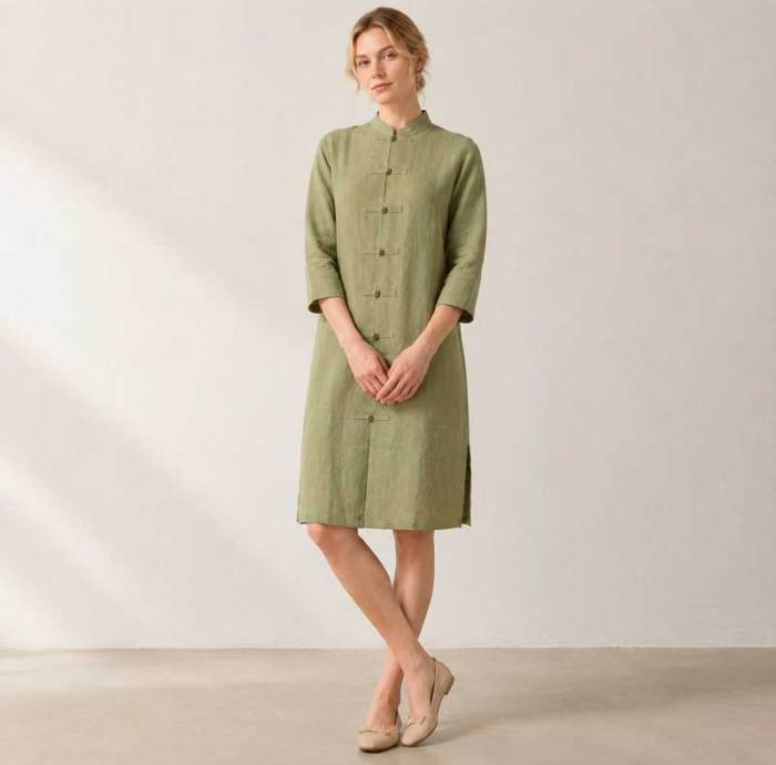 Sage Green Linen Mandarin Collar Long Tunic Top