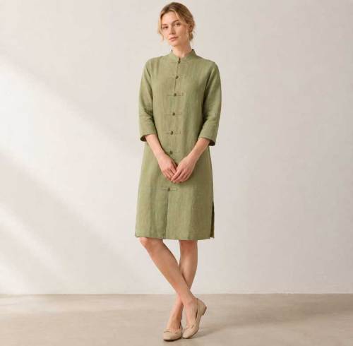 Sage Green Linen Mandarin Collar Long Tunic Top