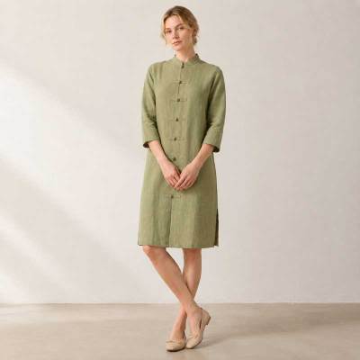 Sage Green Linen Mandarin Collar Long Tunic Top