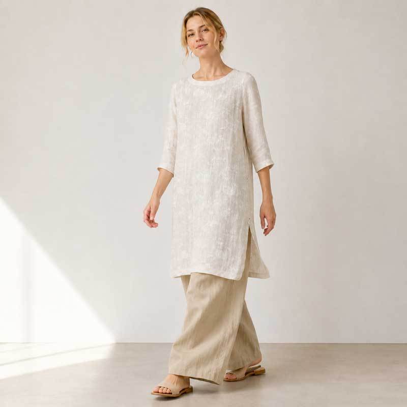 Ivory Linen Long Tunic Top with Side Slits