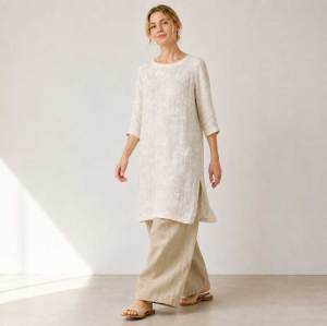 Ivory Linen Long Tunic Top with Side Slits