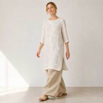 Ivory Linen Long Tunic Top with Side Slits