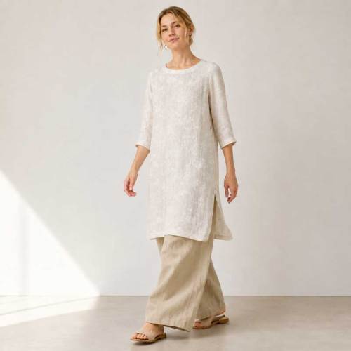 Ivory Linen Long Tunic Top with Side Slits