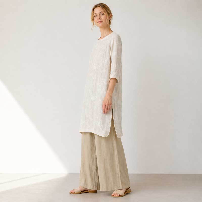 Ivory Linen Long Tunic Top with Side Slits