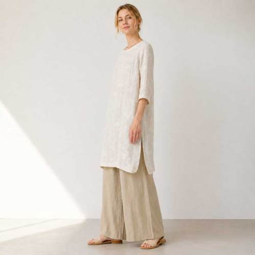 Ivory Linen Long Tunic Top with Side Slits