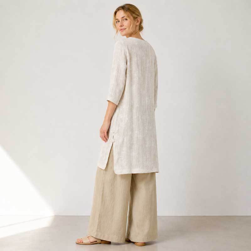 Ivory Linen Long Tunic Top with Side Slits