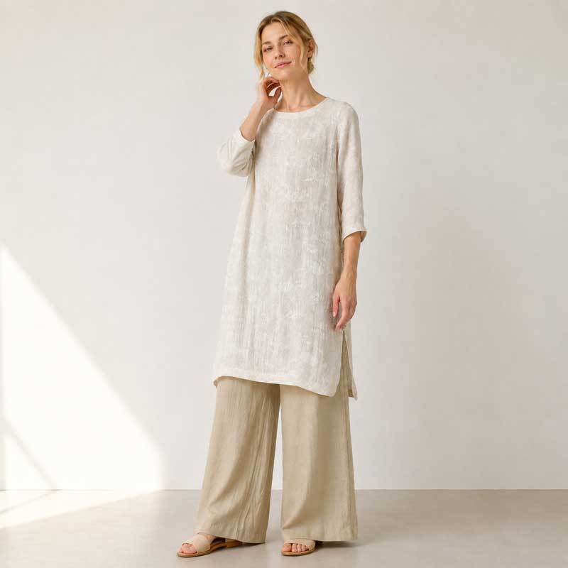 Ivory Linen Long Tunic Top with Side Slits