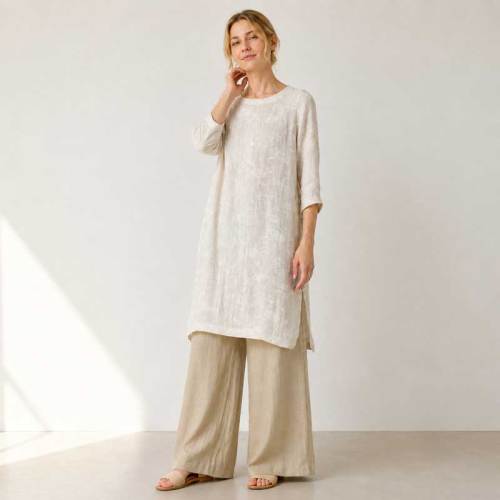 Ivory Linen Long Tunic Top with Side Slits