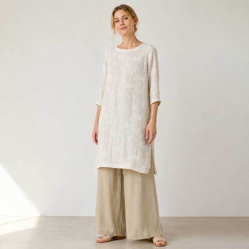 Ivory Linen Long Tunic Top with Side Slits