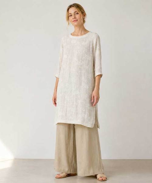 Ivory Linen Long Tunic Top with Side Slits