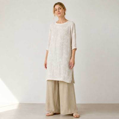 Ivory Linen Long Tunic Top with Side Slits