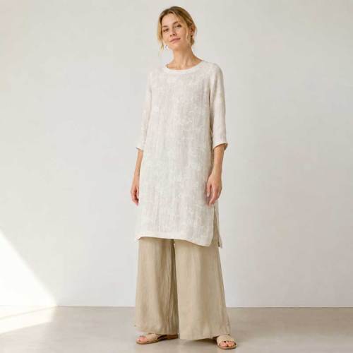 Ivory Linen Long Tunic Top with Side Slits