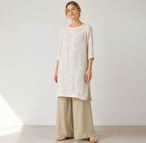 Ivory Linen Long Tunic Top with Side Slits