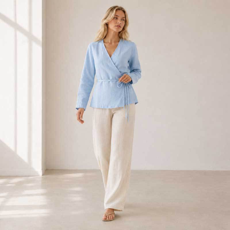 Light Blue Linen Wrap Top