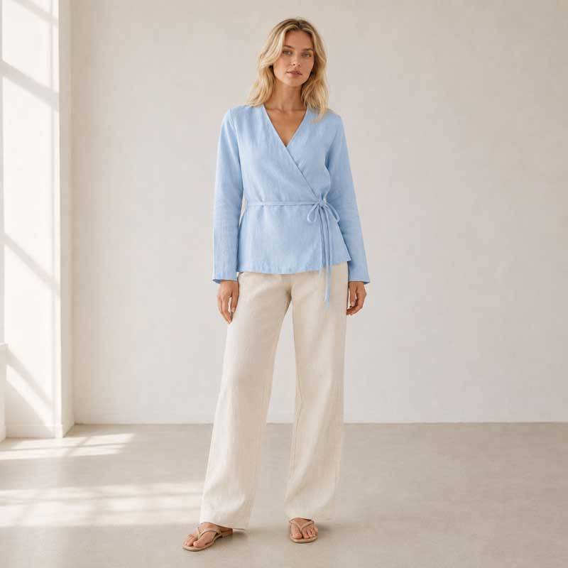 Light Blue Linen Wrap Top