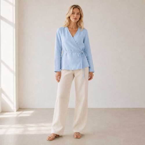 Light Blue Linen Wrap Top
